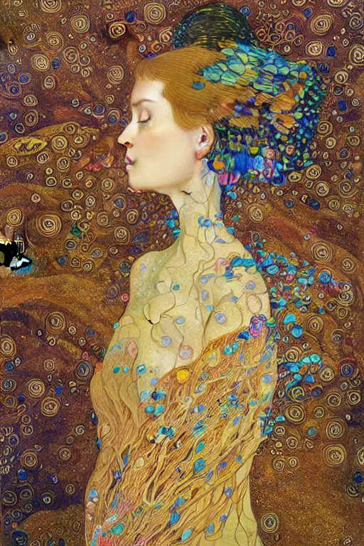 Prompt: an insanely detailed cell shaded vector art of a side profile portrait of a mechanical bird with woman, intricate detailed color smashing fluid oil paint and acrylic, autumn leaves, melting wax, mycelia, abstract impressionism, ruan jia, fantasy, hyper detailed, concept art, by gustav klimt,