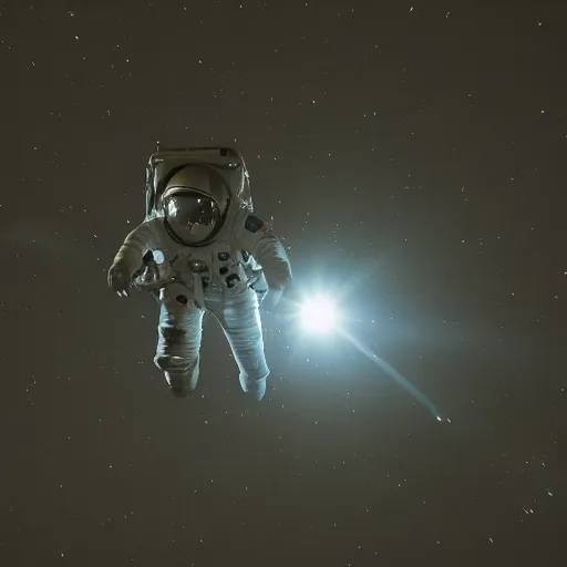 Image similar to photograph of an astronaut against the pitch black darkness of space, full body photo, lit from below, amazing light and shadow contrast,, 8 k