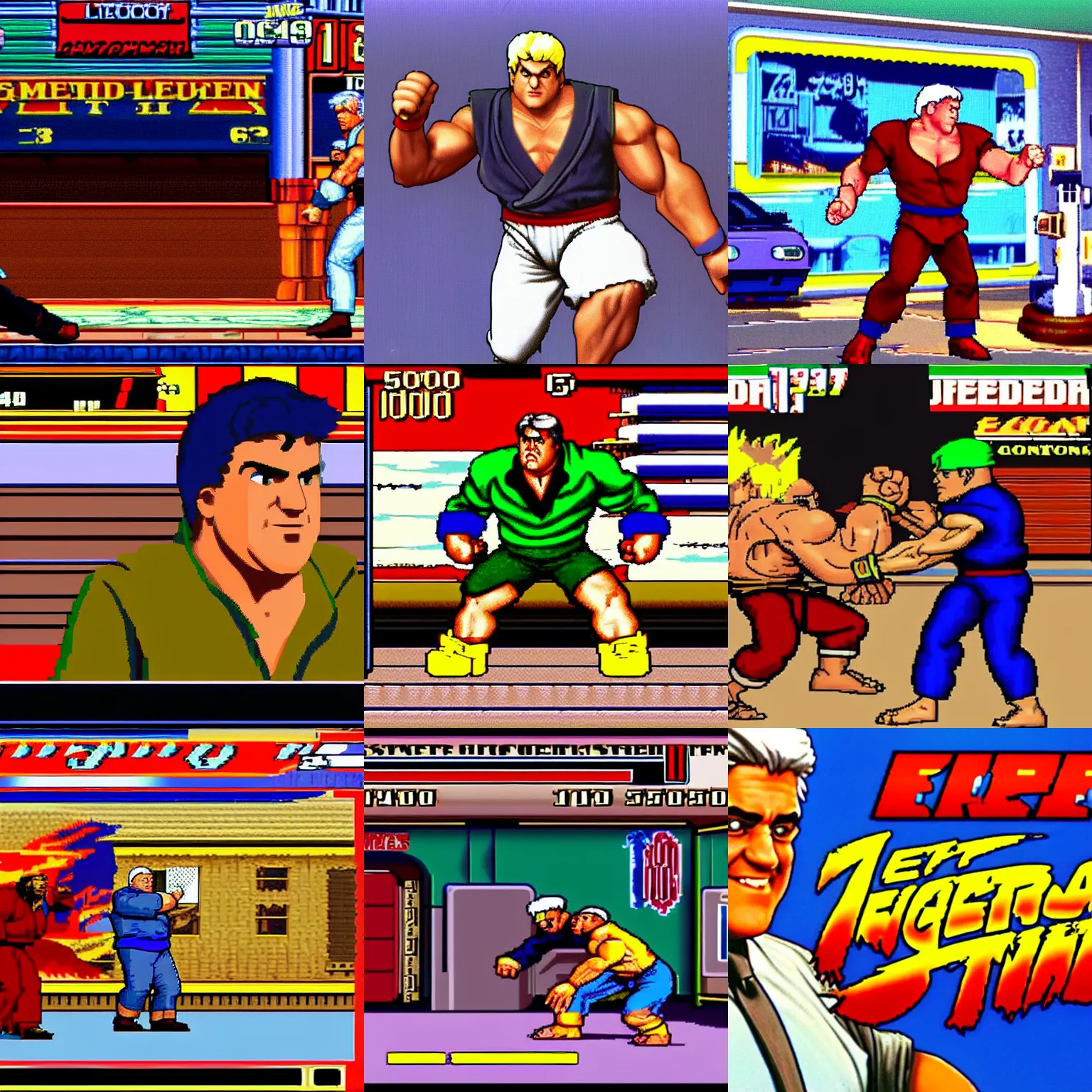 Prompt: Jay Leno in Street Fighter II, high quality, video game graphics