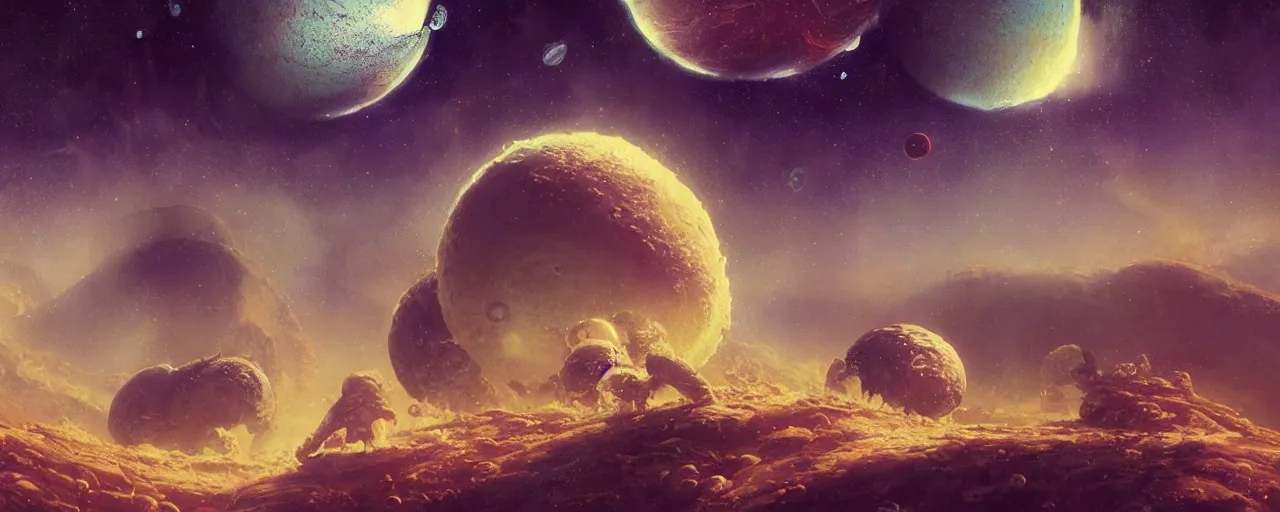 Prompt: ” outer planet covered with cream and larvae, [ art by paul lehr, cinematic, detailed, epic, widescreen, opening, establishing, mattepainting, photorealistic, realistic textures, octane render ] ”