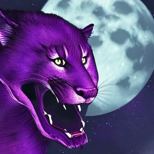 Image similar to closeup of a purple panther roaring at the moon in the forest. night. large moon in the center. cinematic. concept art.