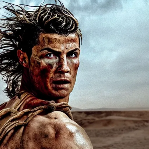 Prompt: cristiano ronaldo as the doof warrior in mad max fury road ( 2 0 1 5 ), movie still,