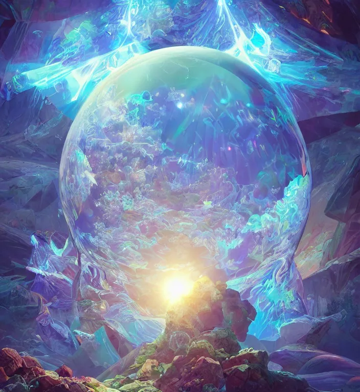 Image similar to a magical and exquisite fantasy illustration of a faceted crystal ball fractal in water + prism + god rays + dramatic lightning + backlit + specular highlights + ambient occlusion + global illumination + bump map + reflective + caustics + refractive + unreal engine 5 + DOF + sharp focus, digital artwork by Dan Mumford + Peter Mohrbacher + Ash Thorp