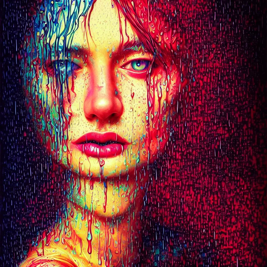 Image similar to bright asthetic portrait of LSD in rain with wet hair and one face, liquid, fantasy, intricate, elegant, dramatic lighting, highly detailed, lifelike, photorealistic, digital painting, artstation, illustration, concept art, smooth, sharp focus, art by John Collier and Albert Aublet and Krenz Cushart and Artem Demura and Alphonse Mucha