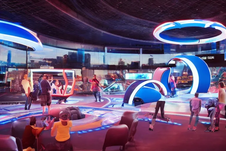 Image similar to futuristic high - tech tv show arena with mini games happening outside, wide angle, cinematographic shot, day