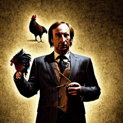 Image similar to saul goodman and a rooster in a medieval torture chamber, saw blades and knives in the background, horror movie, saul goodman, rooster, real life photo, detailed face