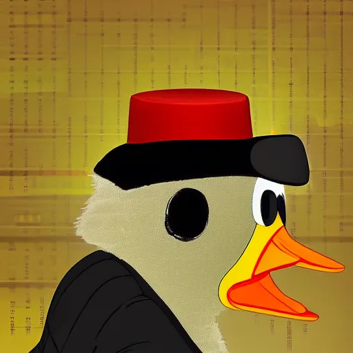 Image similar to digital art, a duck dressed in a jacket suit with a hat predicting a crash in the cryptocurrency markets