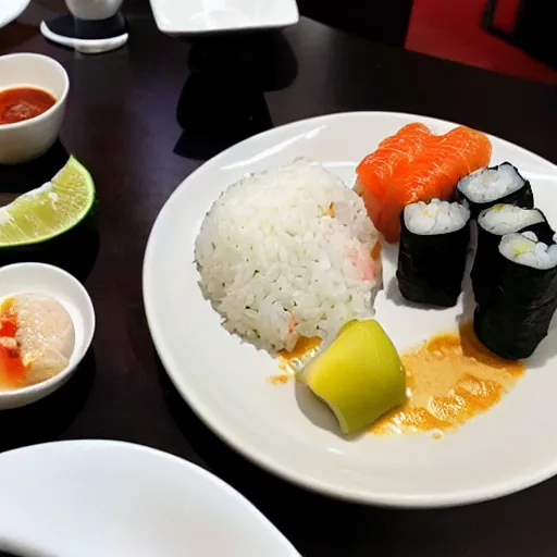 Prompt: a rice and humberger , with sushi and rendang on table