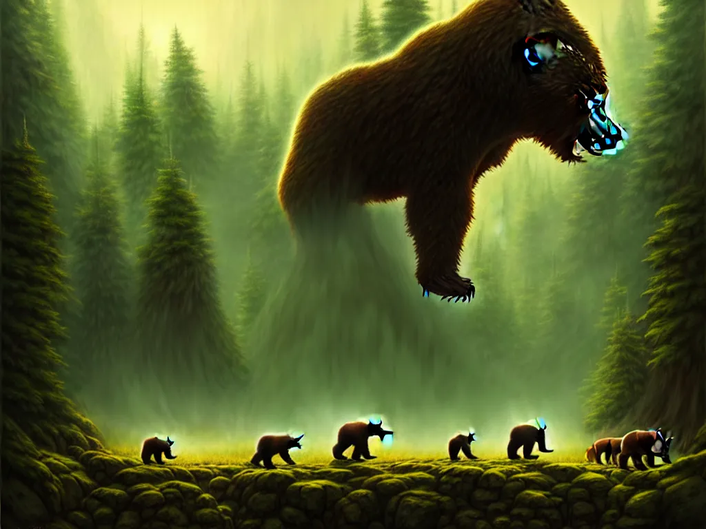 Image similar to highly detailed concept art of colossal bear facing off against an herd of goblins in a middle - earth forest, an ultrafine detailed painting, trending on deviantart, neo surrealism, sharp focus, octane, masterpiece, art by anato finnstark