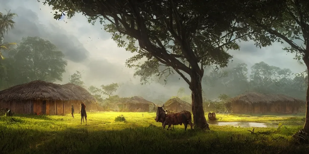 Image similar to kerala village countryside, beautiful dynamic lighting, cinematic, wide angle establishing shot, extremely high detail, photo realistic, cinematic lighting, post processed, concept art, artstation, matte painting, style by eddie mendoza, raphael lacoste, alex ross, volumetric lighting, light rays, photorealistic, ultrarealistic, moody, coronarender, 8k