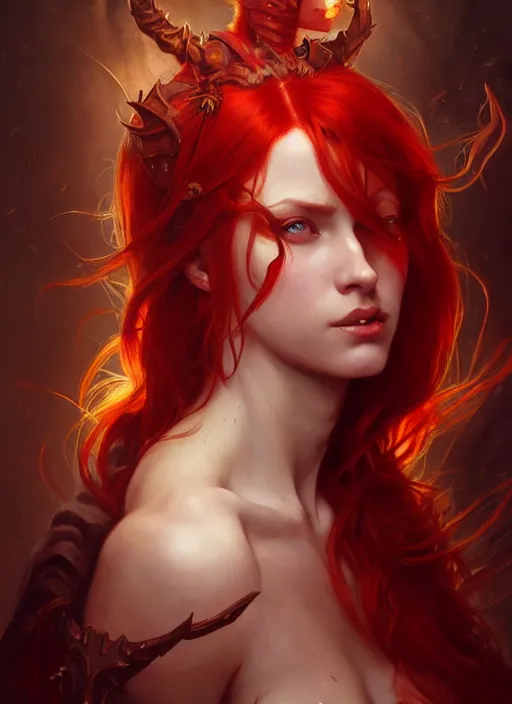 Image similar to a beautiful red haired woman as a demon, deep focus, d & d, fantasy, intricate, elegant, highly detailed, digital painting, artstation, concept art, matte, sharp focus, illustration, hearthstone, art by artgerm and greg rutkowski and alphonse mucha