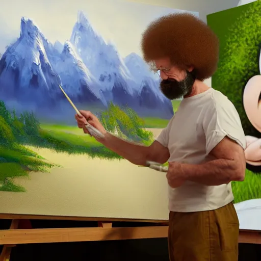 Image similar to a closeup photorealistic photograph of bob ross working on a canvas painting of mickey mouse. film still. brightly lit scene. mountains and trees. this 4 k hd image is trending on artstation, featured on behance, well - rendered, extra crisp, features intricate detail, epic composition and the style of unreal engine.