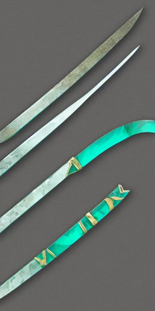 Image similar to photograph of a wide green and teal crystal double - edged sword blade attached to a big gold sword hilt