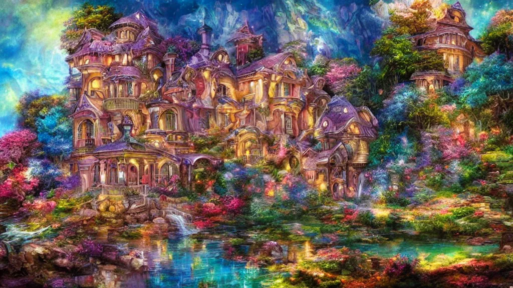 Prompt: A beautiful mansion in the hills”Beautiful Dreamscape, Digital art, concept art, detailed, lovely colors, Art station,3-D 4K, beautiful background, matte painting, Josephine wall,