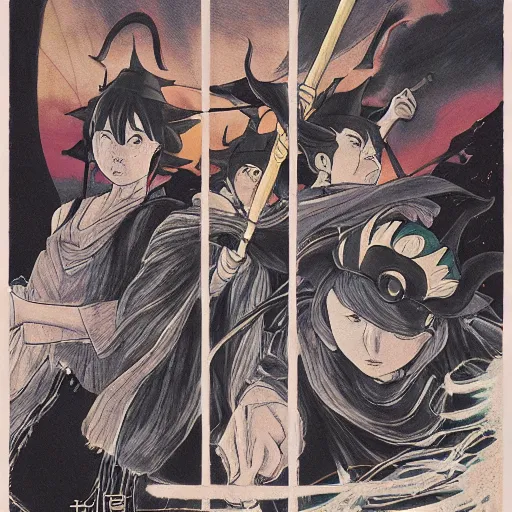 Image similar to a traffic jam of witches with their magic brooms by Studio ghibli, Kentaro Miura, Hiromu Arakawa, Koyoharu Gotouge, Takeshi obata, concept art, golden ratio