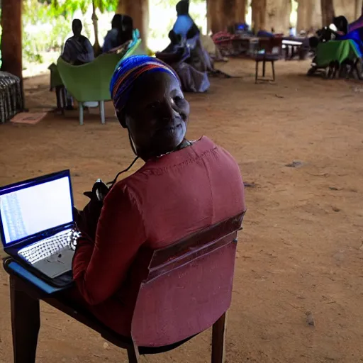 Image similar to A Kenyan businesswoman playing an RPG on her computer, over the shoulder view, iPhone photo