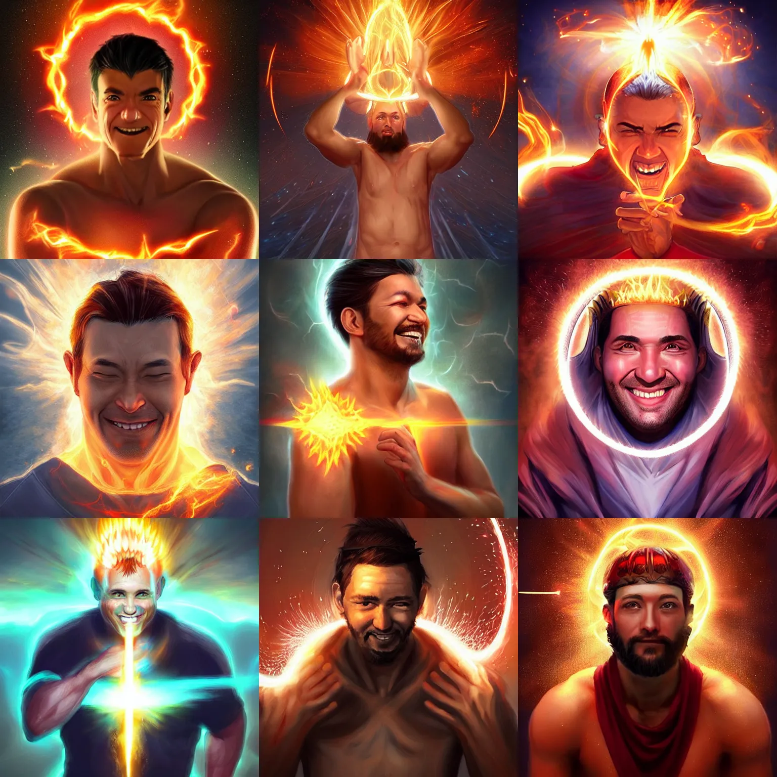 Prompt: a happy man in his early 4 0 s receiving divine fire powers on his head and body, digital art by artgerm