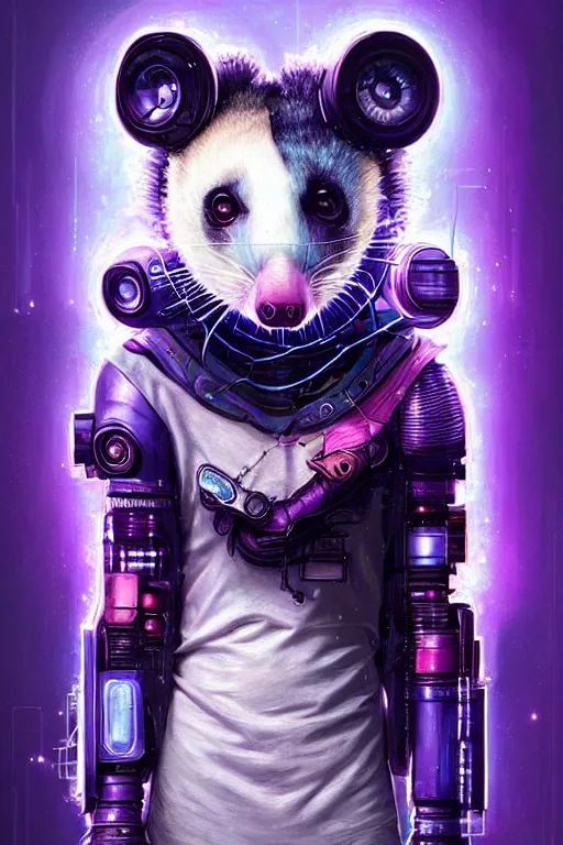 Image similar to a beautiful portrait of a cute cyberpunk opossum aaaaaaaaaa by sandra chevrier and greg rutkowski and wlop, purple blue color scheme, high key lighting, volumetric light, digital art, highly detailed, fine detail, intricate, ornate, complex, octane render, unreal engine, photorealistic