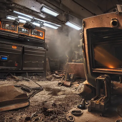 Image similar to head of toaster oven mecha, dark messy smoke - filled cluttered workshop, dark, dramatic lighting, orange tint, cinematic, highly detailed, sci - fi, futuristic, movie still