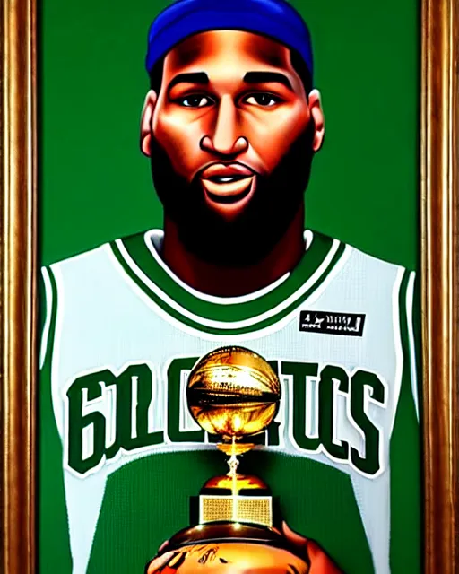 Prompt: portrait of demarcus cousins in boston celtics jersey, holding the larry o'brien trophy, oil on canvas by william sidney mount, champion, inspiring