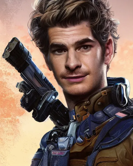 Prompt: Andrew Garfield as an Apex Legends character digital illustration portrait design by, Mark Brooks and Brad Kunkle detailed, gorgeous lighting, wide angle action dynamic portrait