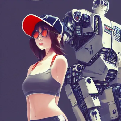 Prompt: a beautiful young woman wearing aviator glasses and a baseball hat and bomber jacket, hand on hip, standing next to a giant japanese mecha, anime graphic illustration, aesthetic, gorgeous, stunning, alluring, trending on artstation, digital art, art by artgerm