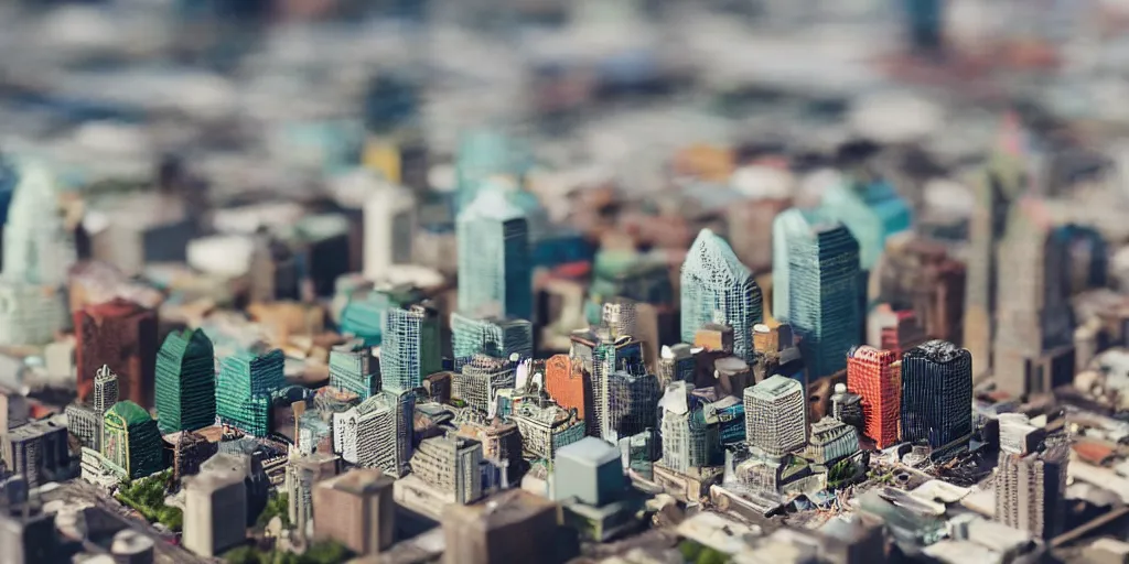 Image similar to a miniature diorama of downtown montreal with volcano mount - royal erupting, olympic stadium on fire, macro photography, tilt shift