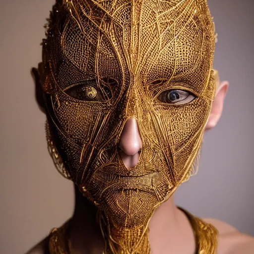 Prompt: a portrait of a woman wearing a mask made out of golden intricate wire, futuristic, speculative fashion, highly detailed 8k photography, soft, cinematic lighting, trending on artstation H 768