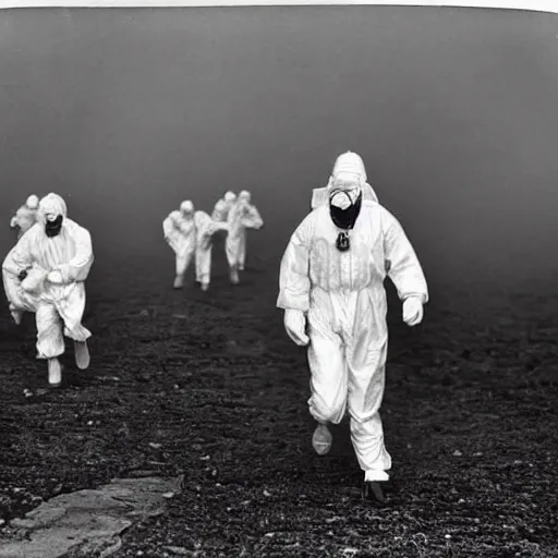 Image similar to old black and white photo, 1 9 1 3, depicting scientists in hazmat suits running from an alien biomechanical octopus, historical record, volumetric fog