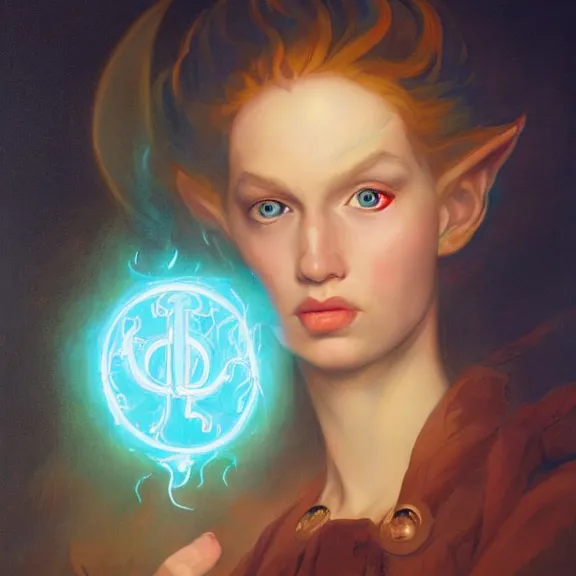 Image similar to a highly detailed portrait in the style of john currin and in the style of peter mohrbacher. glowing rune of magical power.