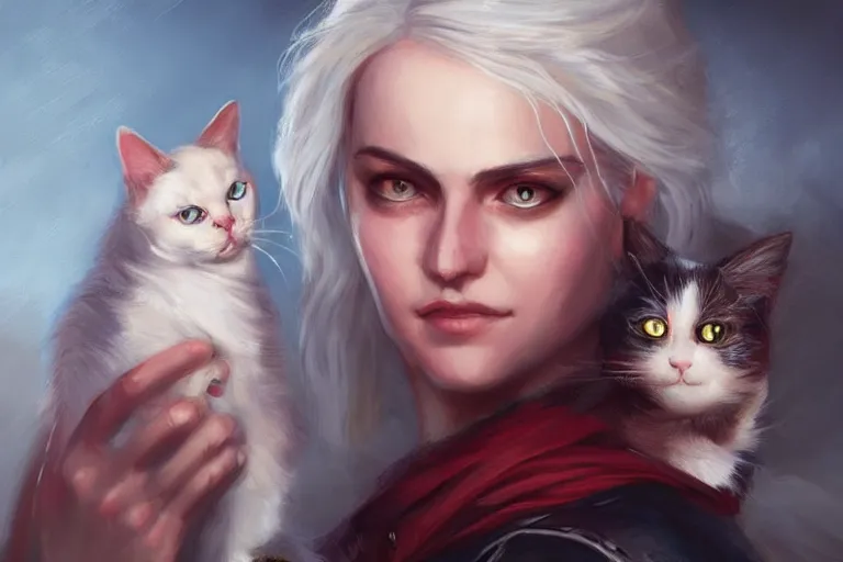 Prompt: Ciri holding a cat, beautiful lighting, expressive oil painting, trending on artstation, digital art