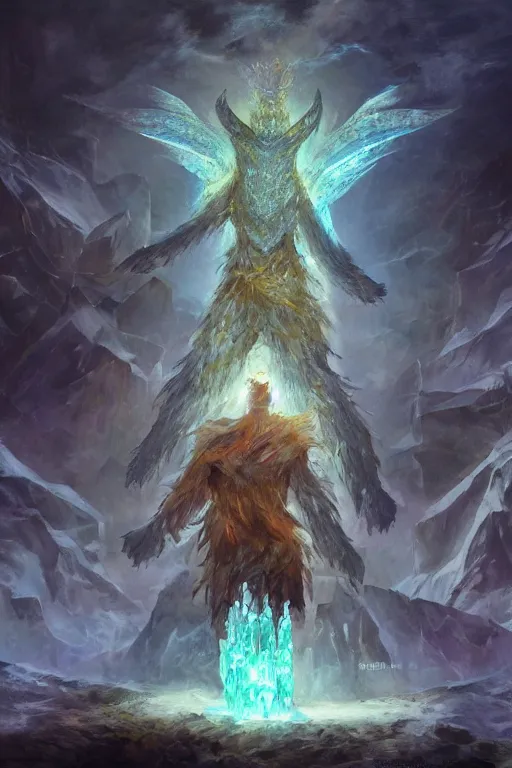 Image similar to a man stand in front of a Crystal Golem, Fantasy Art