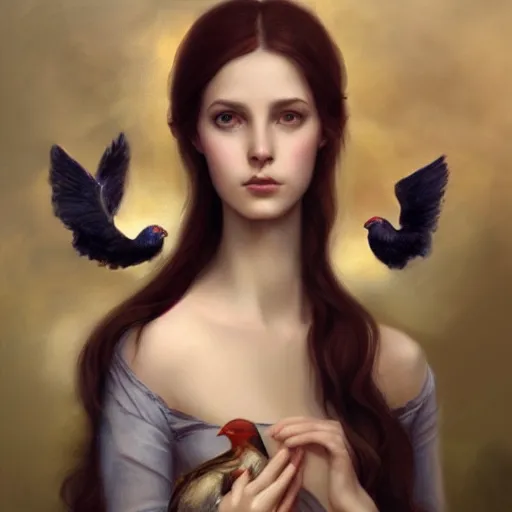 Image similar to a painting of a woman holding two birds, a character portrait by charlie bowater, featured on deviantart, pre - raphaelitism, pre - raphaelite, wiccan, deviantart