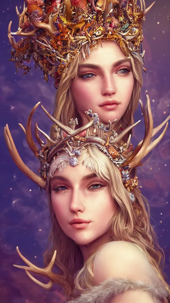 Image similar to highly detailed close up portrait of Artemis, goddess of the hunt and the moon, wearing a crown made of antlers, studio lightning, bright colors, intricate, masterpiece, photorealistic, hiperrealistic, sharp focus, high contrast, Artstation HQ, DeviantArt trending, 4k UHD, Unreal Engine 5