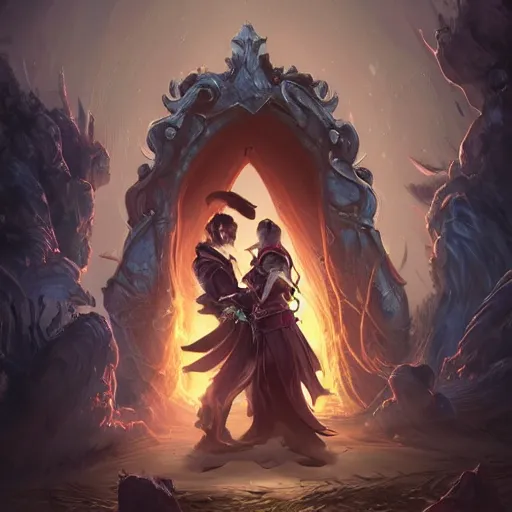 Prompt: a young couple, a human Asian male rogue and an Asian lightning goddess! hugging each other in front of the magical portal of eternity!, D&D, fantasy, intricate, elegant, highly detailed, portrait, medium shot, waist up, digital painting, artstation, concept art, matte, sharp focus, illustration, hearthstone, art by Artgerm and Greg Rutkowski and Alphonse Mucha