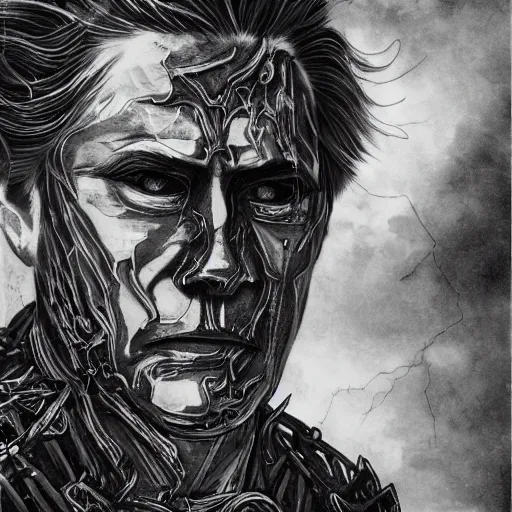 Image similar to Yoshitaka Amano realistic illustration of jeb bush ,hair fluttering in the wind, cracks on his face wearing Elden ring armour with engraving, abstract black and white patterns on the background, noisy film grain effect, highly detailed, Renaissance oil painting, weird portrait angle, blurred lost edges, three quarter view