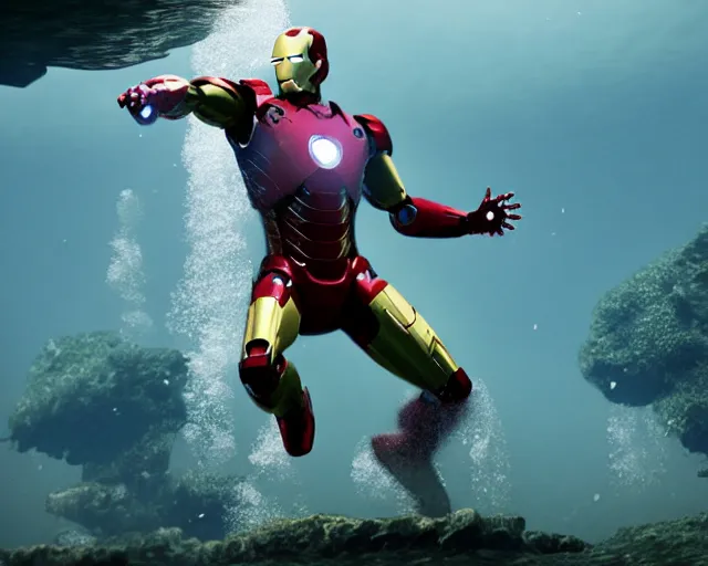 Prompt: iron man submerged under water, cinematic, photoreal, by red dead redemption 2