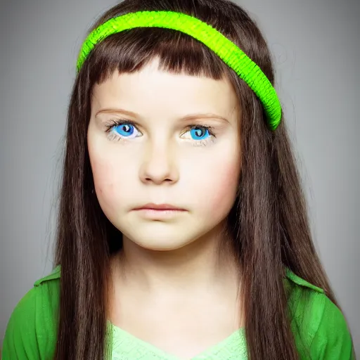 Image similar to portrait of missy, a young girl with long dark hair, green eyes and green hair