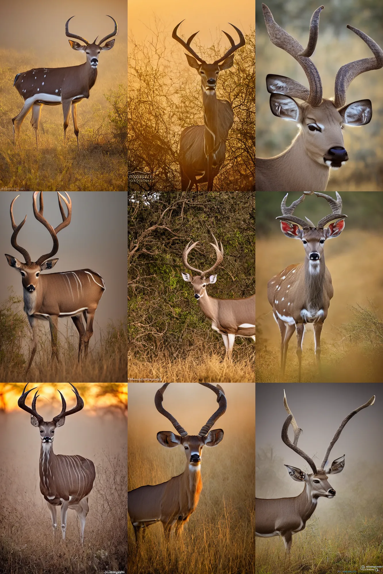 Prompt: beautiful photo of a kudu with huge antlers in the bushveld in the early ours of the morning with morning fog and dew on the grass. sunrise. nature. photography. national geographic. detailed face and fur, ultra hd, sharp. volumetric lighting, hasselblad. nikon z 9. 1 0 0 mm. f / 2. 5