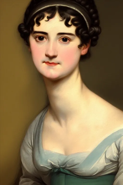 Prompt: jane austen, painting by jacques - louis david, andrea appiani, jean auguste dominique ingres, theodore gericault. rossetti bouguereau, detailed art, artstation