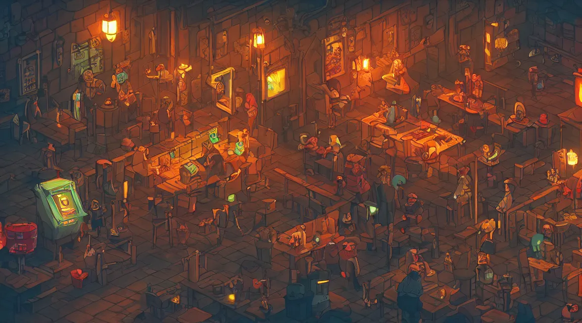 Image similar to A multidimensional cozy tavern, retro video game vibe, cinematic lighting, epic composition, cartoon, animation, background art, post processing, 8K resolution