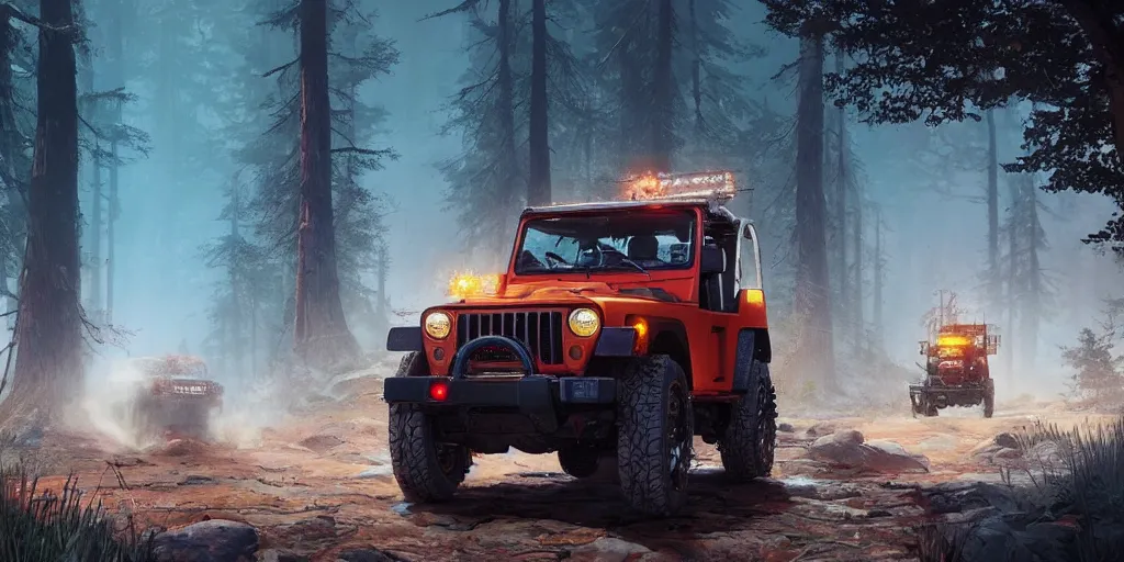 Image similar to mahindra thar, an epic fantasy, dramatic lighting, cinematic, establishing shot, extremely high detail, photorealistic, cinematic lighting, artstation, by simon stalenhag, in the style of asphalt 9