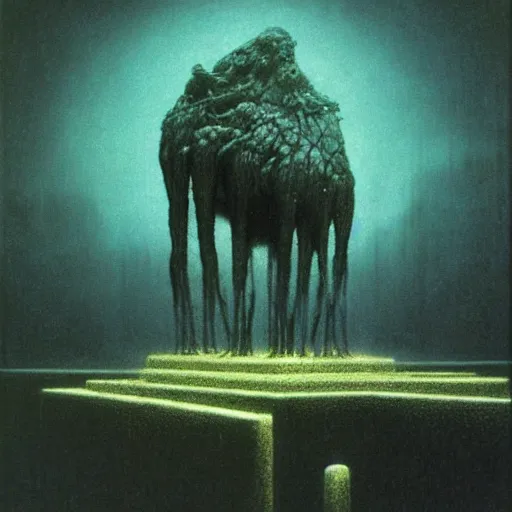 Prompt: a hybrid of all animals, beksinski, in a dark massive place brutalism, large scale, in the style of anatoly fomenko