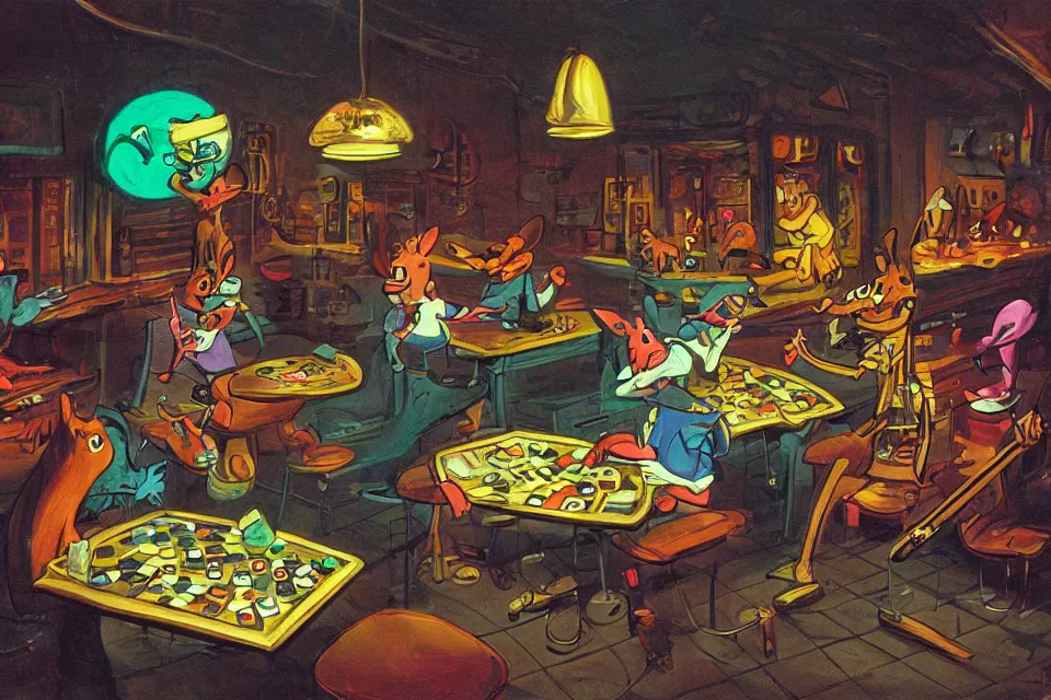 Image similar to mice rolling dice, neon basement, by john kricfalusi and syd mead