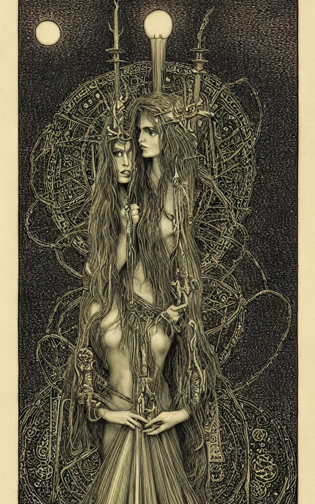 Prompt: tarot card of hecate the gloomy and beautiful goddess of witchcraft, torches, ancient keys, smokes, gustave dore, franklin booth, andrey remnev, black paper, etching, engraving, intricate line work, green line work details, mandelbulb fractal, portrait, trending on artstation, exquisite details, risography print, 4 k, 4 k