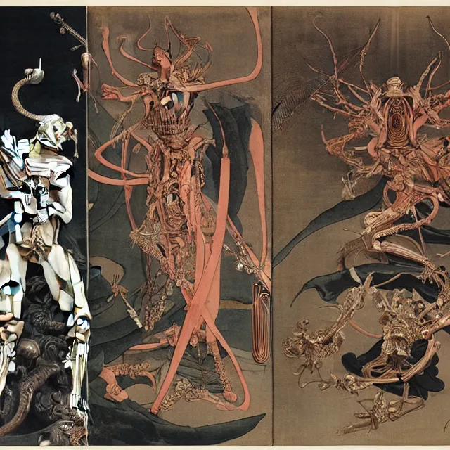 Image similar to still frame from Prometheus by Utagawa Kuniyoshi, Ossiarch Bonereaper ornate bone cyborg god emanating death and power by Wayne Barlowe by peter Mohrbacher by Giger, dressed by Alexander McQueen and by Neri Oxman, metal couture hate couture editorial
