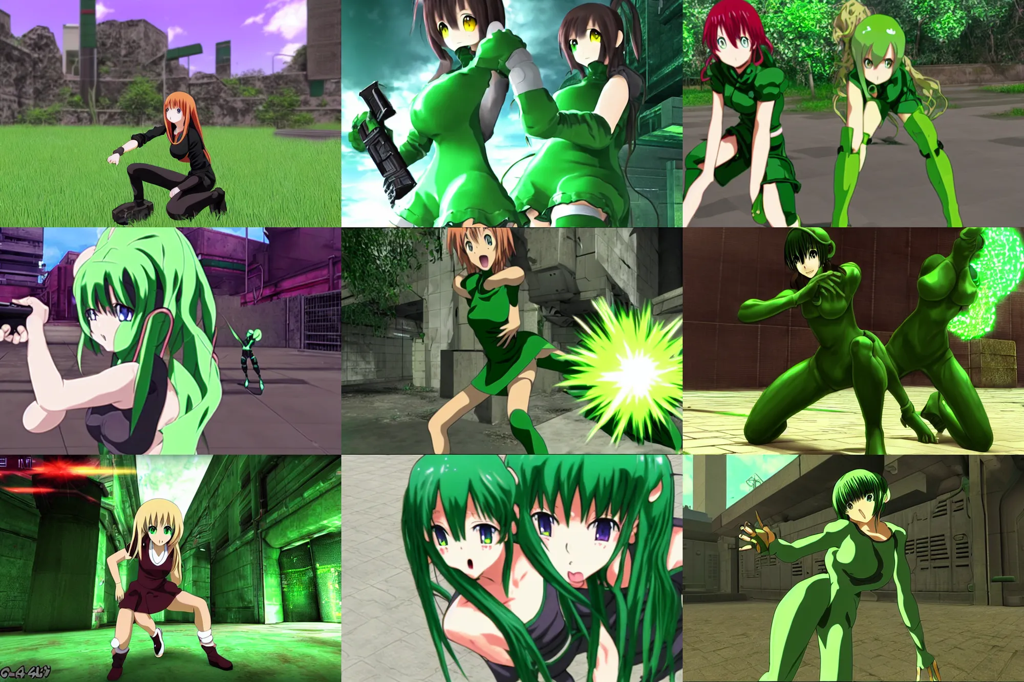 Prompt: an green anime girl in a screenshot of the video game doom, the anime girl is crouching, detailed