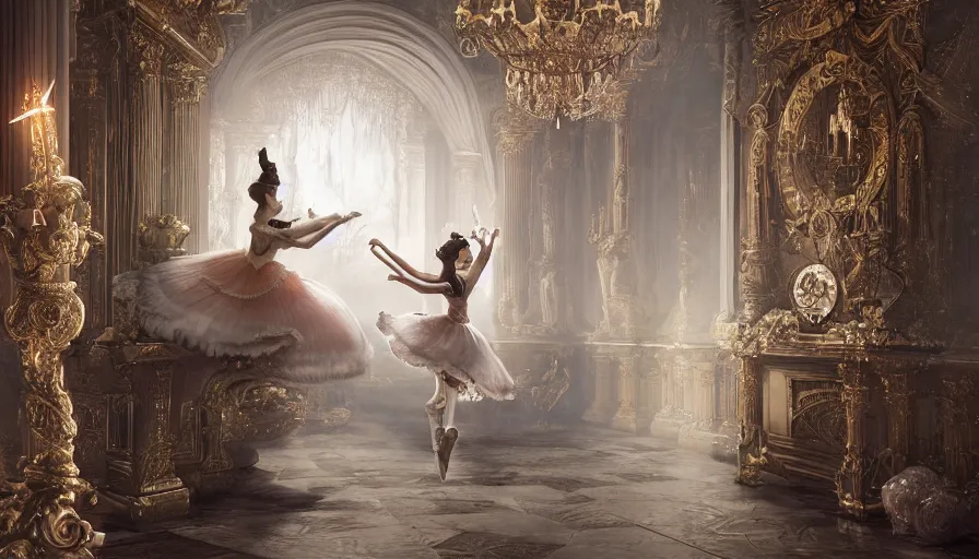 Image similar to the nutcracker and the ballerina dancing in an intricate detailed baroque room in the style of dark souls game series, hyperrealistic, breathtaking, octane render, epic composition, high resolution, Charlie Bowater, Tom Bagshaw, Norman Rockwell, insanely detailed and intricate, trending on artstation, masterpiece, 8k