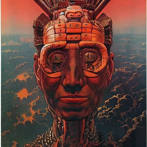 Image similar to giant mayan joe biden!!!!!!!!!!!!!!!!!!!!!!!! with flaming eyes standing over city, perfectly clear face, by j. c. leyendecker and beksinski