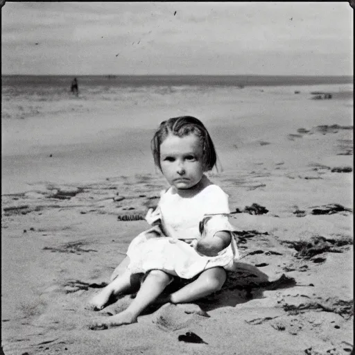 Prompt: child on the beach, old photo, late 19th century, colorized b&w photo